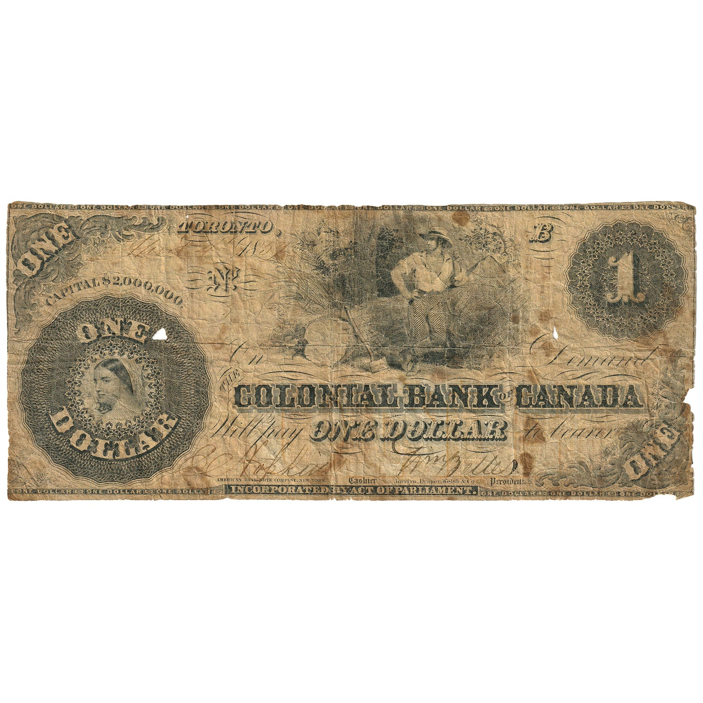 130-10-02-02 1859 Colonial Bank of Canada $1, Orange-Brown Tint, F (dam'g)