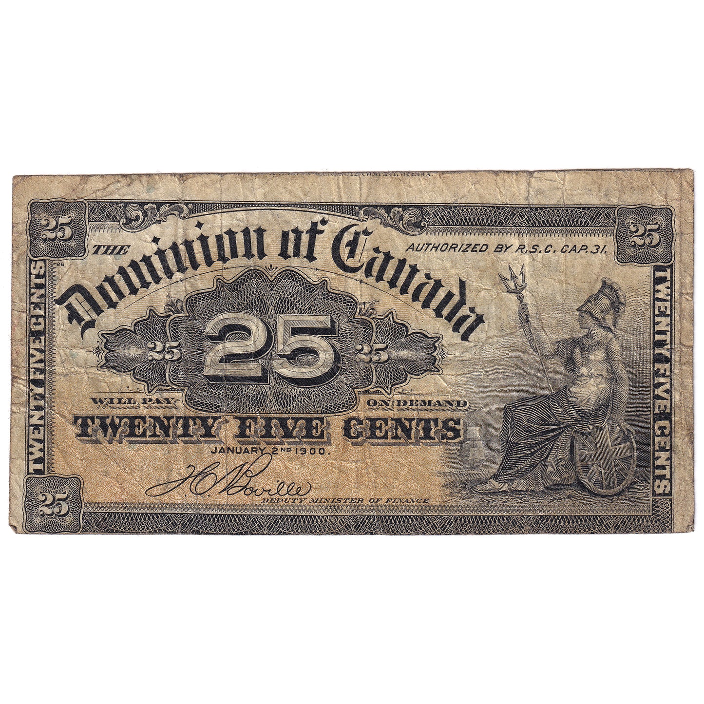 DC-15b-E25-i 1900 Dominion 25-cent Shinplaster, Boville, Cut out of Register, VG