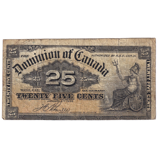DC-15b-E25-i 1900 Dominion 25-cent Shinplaster, Boville, Cut out of Register, VG