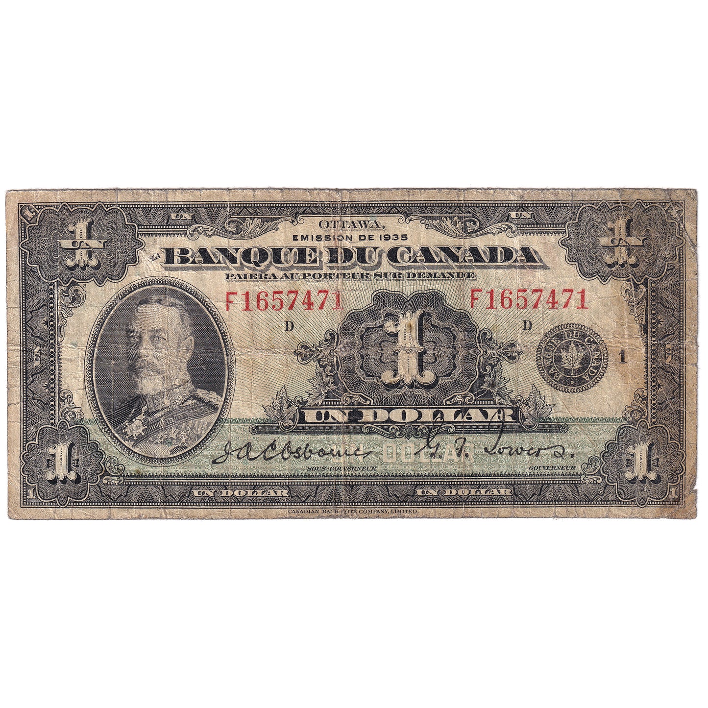 1935 Canada $1 Osborne-Towers, French, VG (stain)