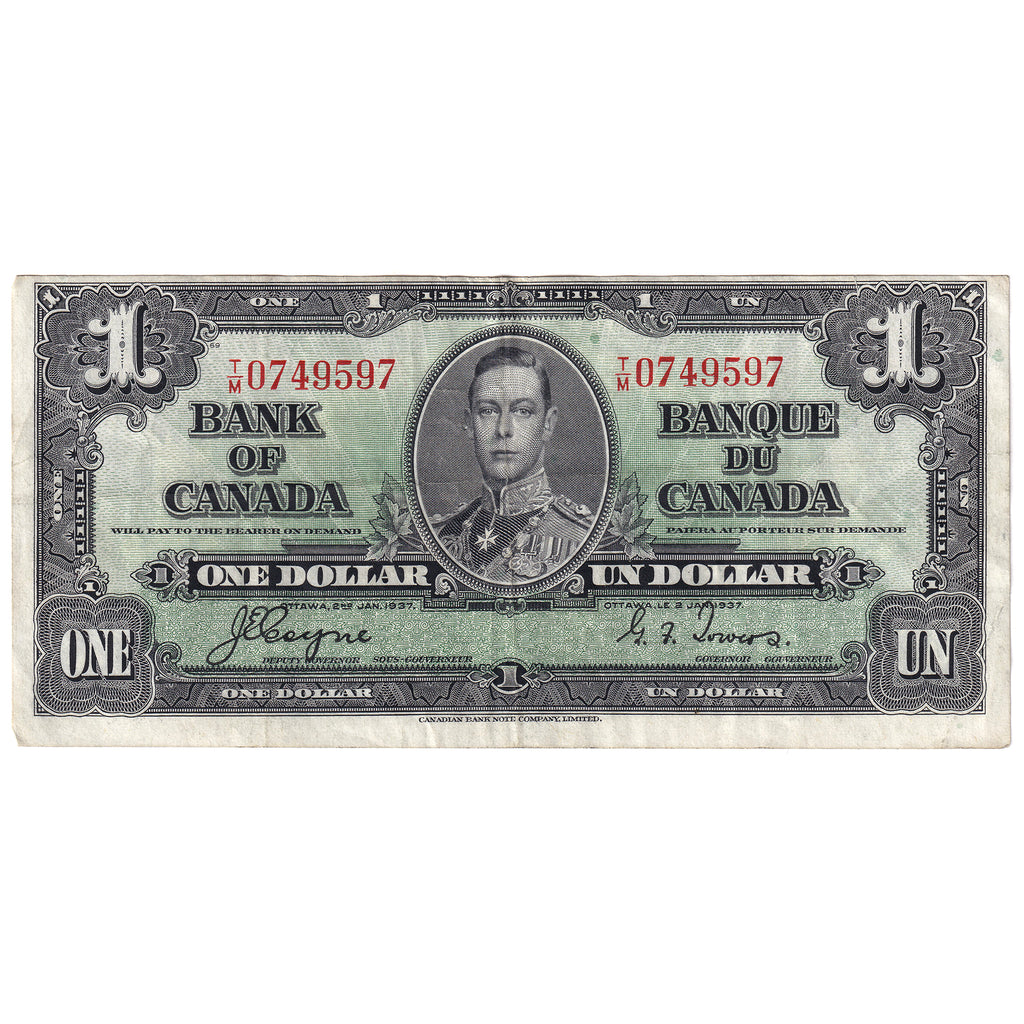 BC-21d 1937 Canada $1 Coyne-Towers, T/M, VF-EF (holes)