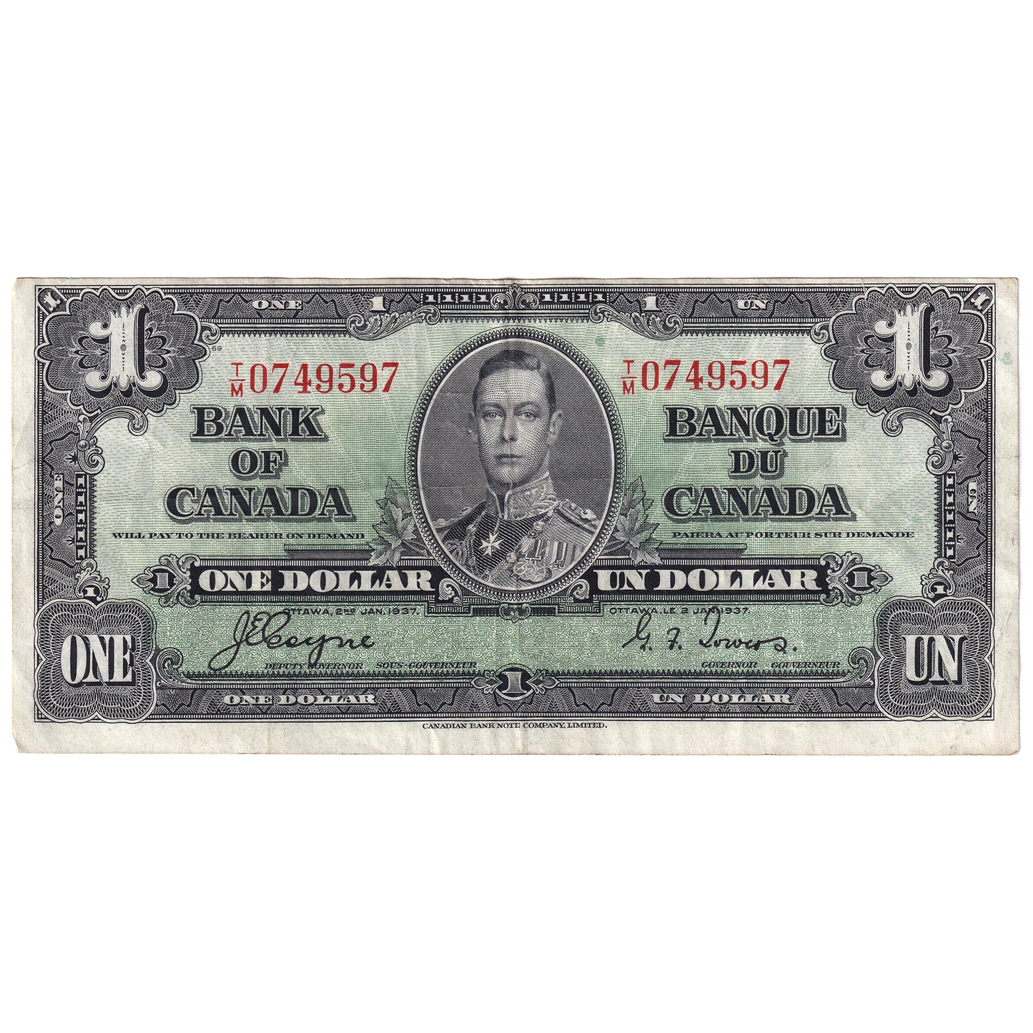 BC-21d 1937 Canada $1 Coyne-Towers, T/M, VF-EF (holes)
