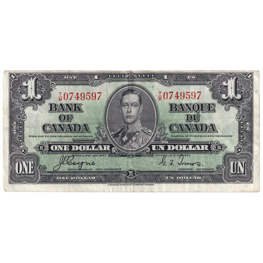 BC-21d 1937 Canada $1 Coyne-Towers, T/M, VF-EF (holes)