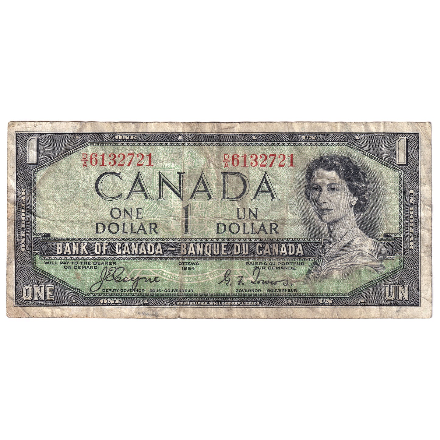 BC-29a 1954 Canada $1 Coyne-Towers, Devil's Face, D/A, F-VF (dirt)