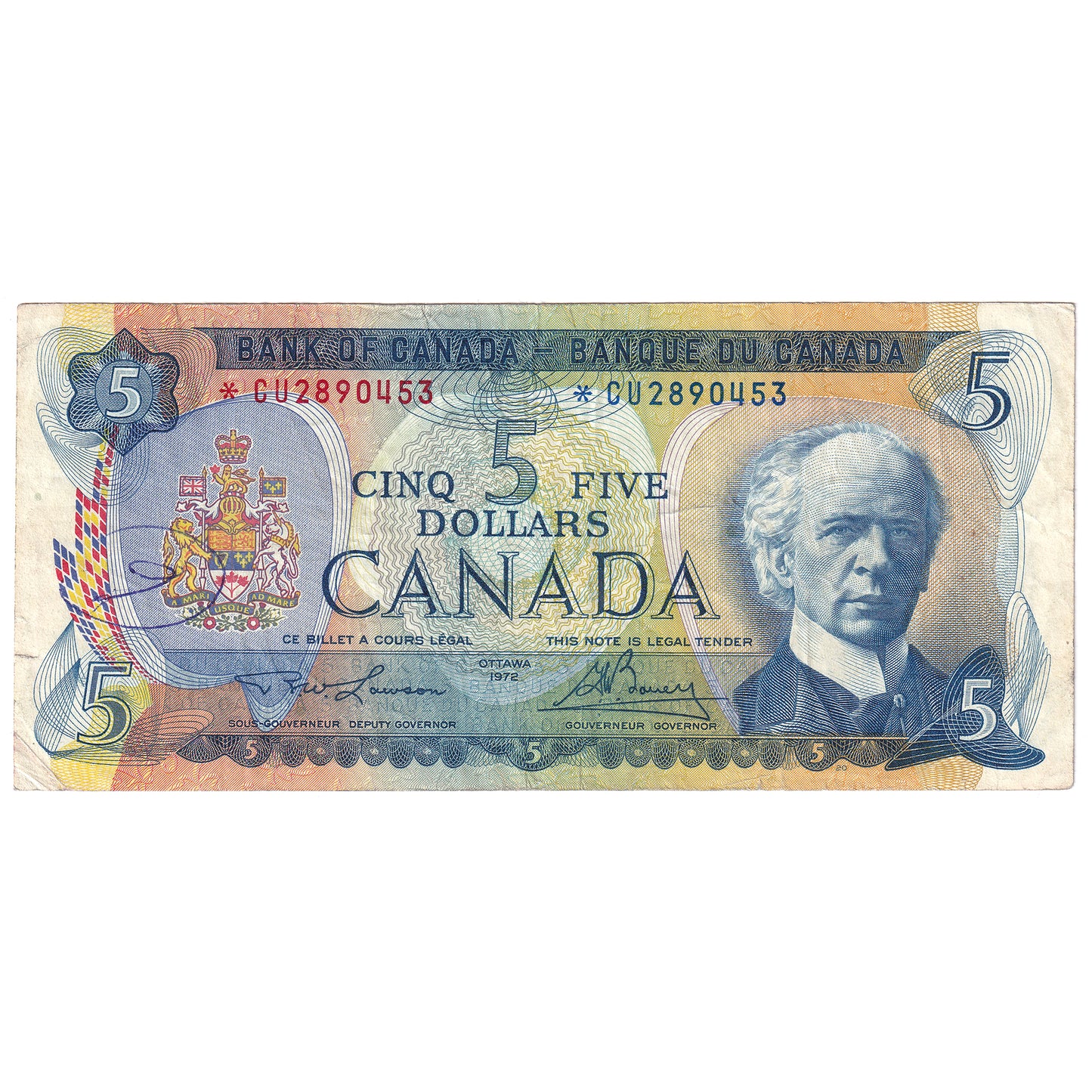 BC-48bA 1972 Canada $5 Lawson-Bouey, *CU, F-VF (dam'g)