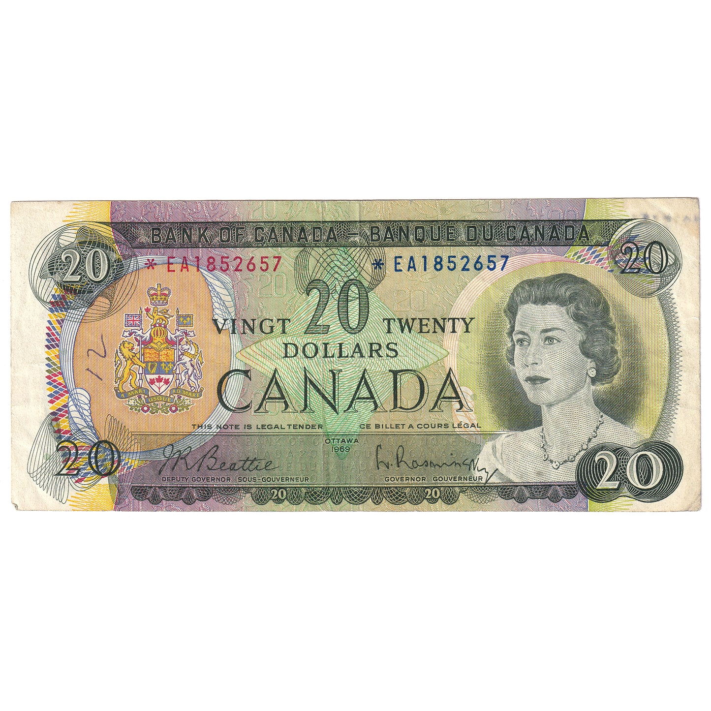 BC-50aA 1969 Canada $20 Beattie-Rasminsky, *EA, VF (dam'g)