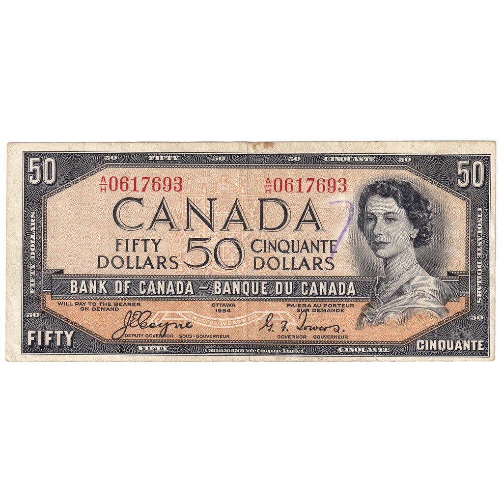 BC-34a 1954 Canada $50 Coyne-Towers, Devil's Face, A/H, VF-EF (dam'g)