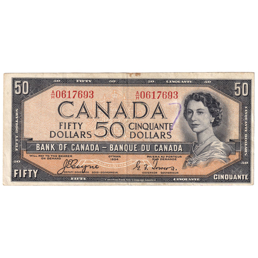 BC-34a 1954 Canada $50 Coyne-Towers, Devil's Face, A/H, VF-EF (dam'g)