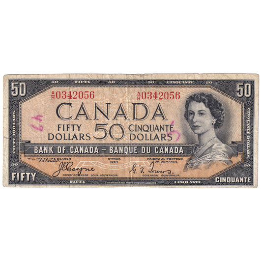 BC-34a 1954 Canada $50 Coyne-Towers, Devil's Face, A/H, Circ. (writing)