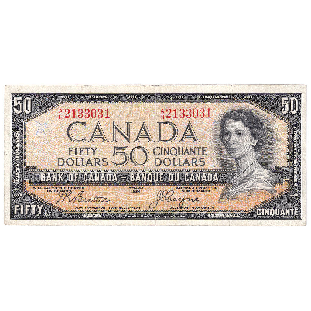 BC-34b 1954 Canada $50 Beattie-Coyne, Devil's Face, A/H, F-VF (writing)