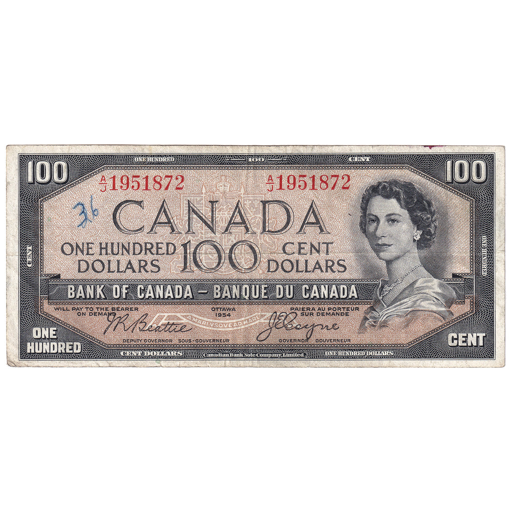 BC-35b 1954 Canada $100 Beattie-Coyne, Devil's Face, A/J, VF (writing)