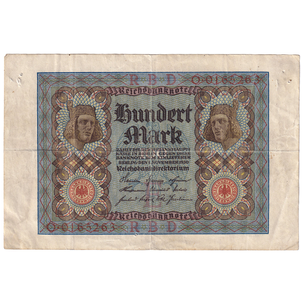 Germany 1920 100 Mark Note, 7 digit, Pick #69a, VF-EF (holes)
