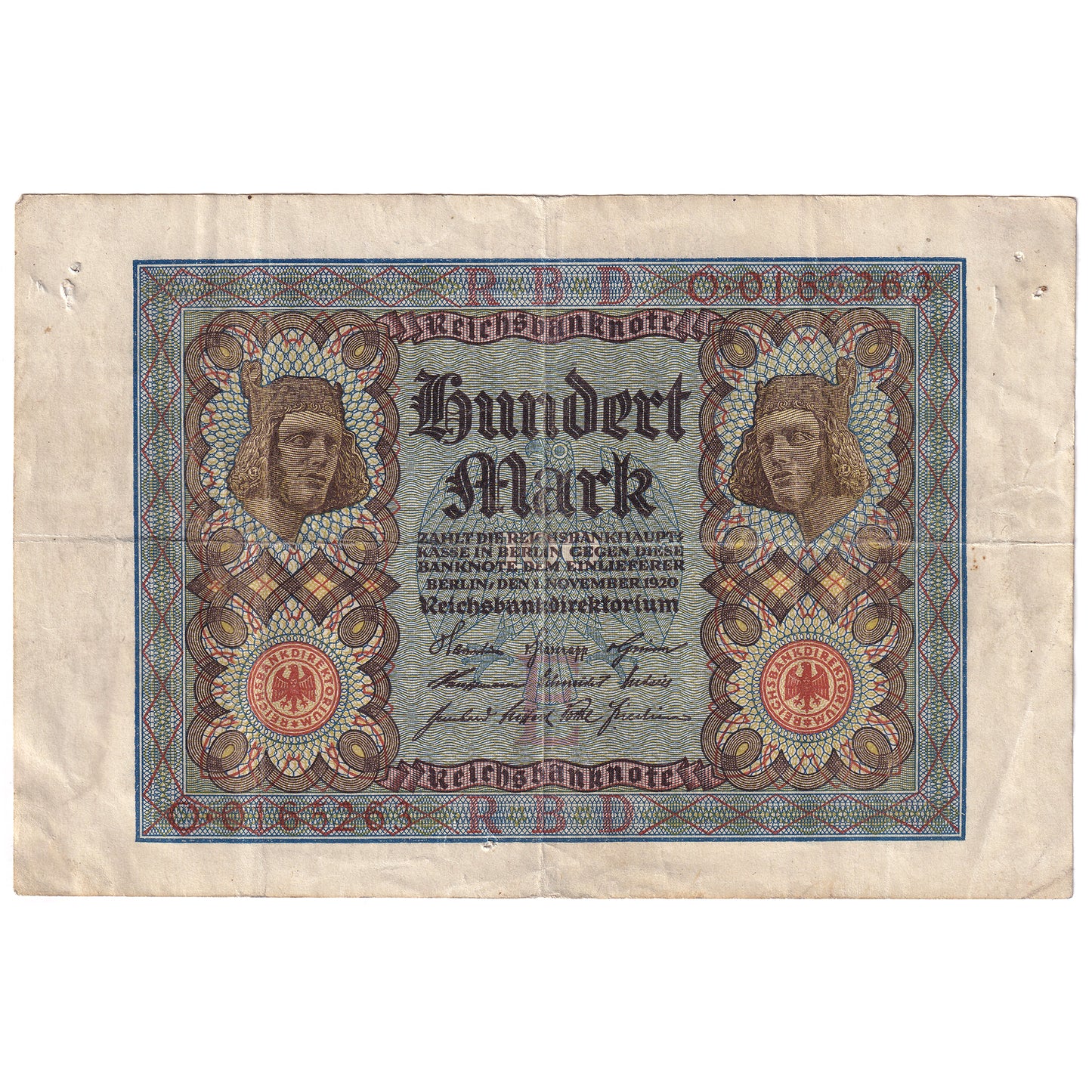 Germany 1920 100 Mark Note, 7 digit, Pick #69a, VF-EF (holes)
