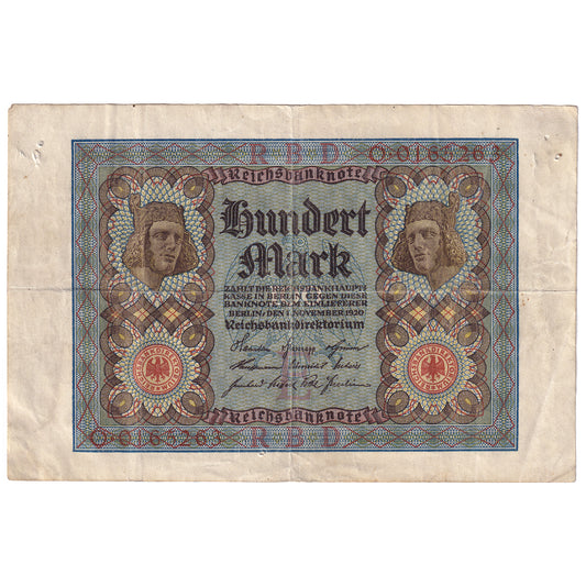 Germany 1920 100 Mark Note, 7 digit, Pick #69a, VF-EF (holes)