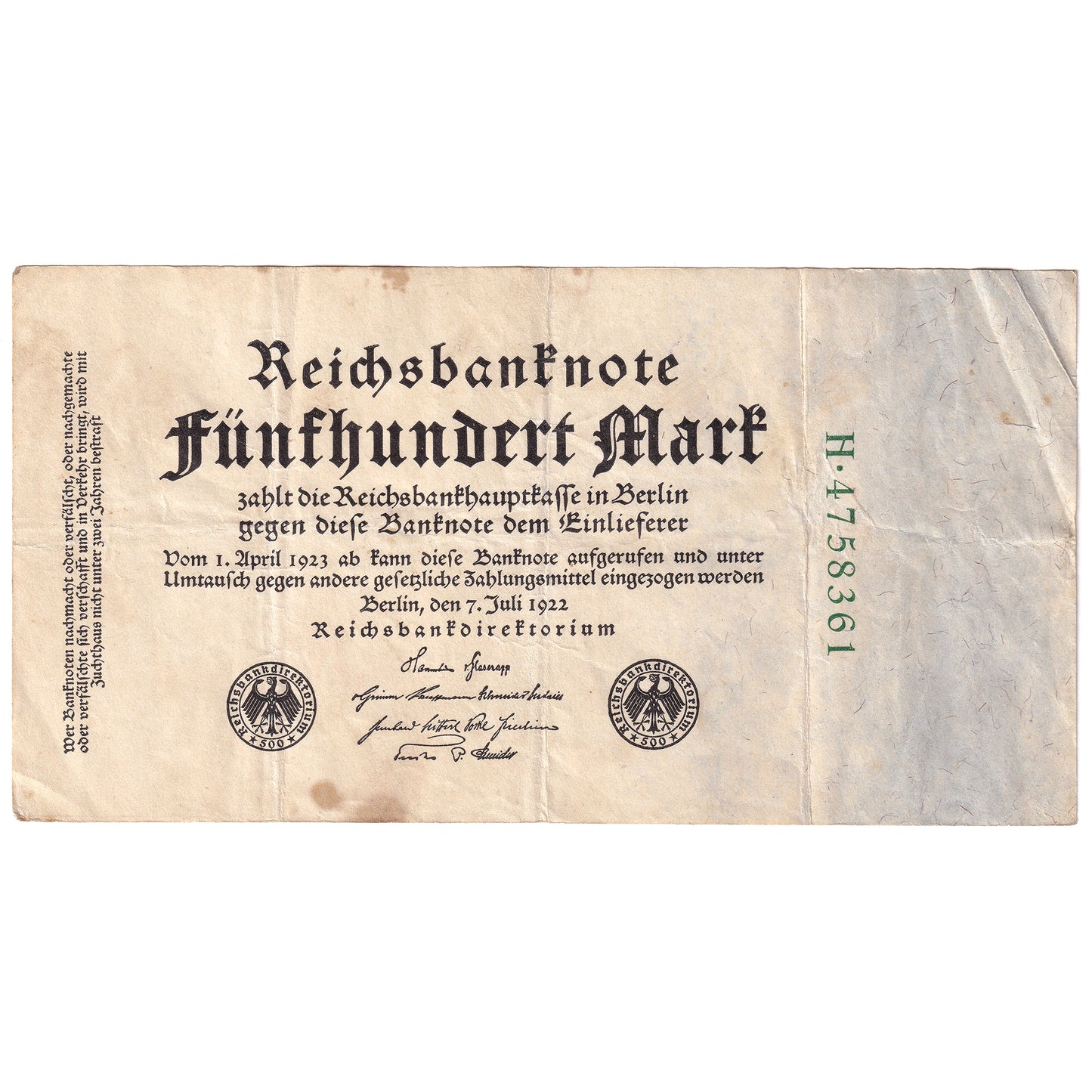 Germany 1922 500 Mark Note, 7 digit, Pick #74b, VF-EF (stains)