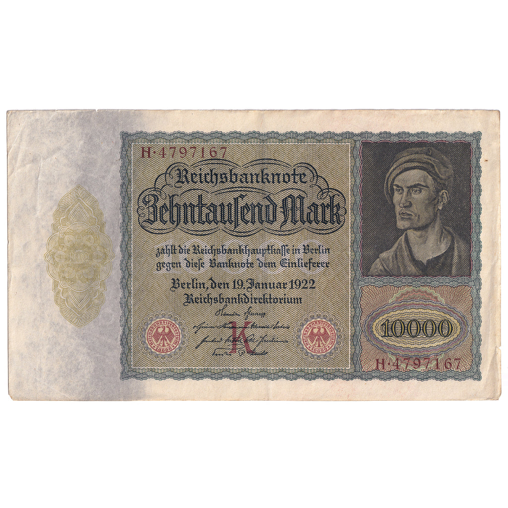 Germany 1922 10,000 Mark Note, Pick #70, EF (tear)