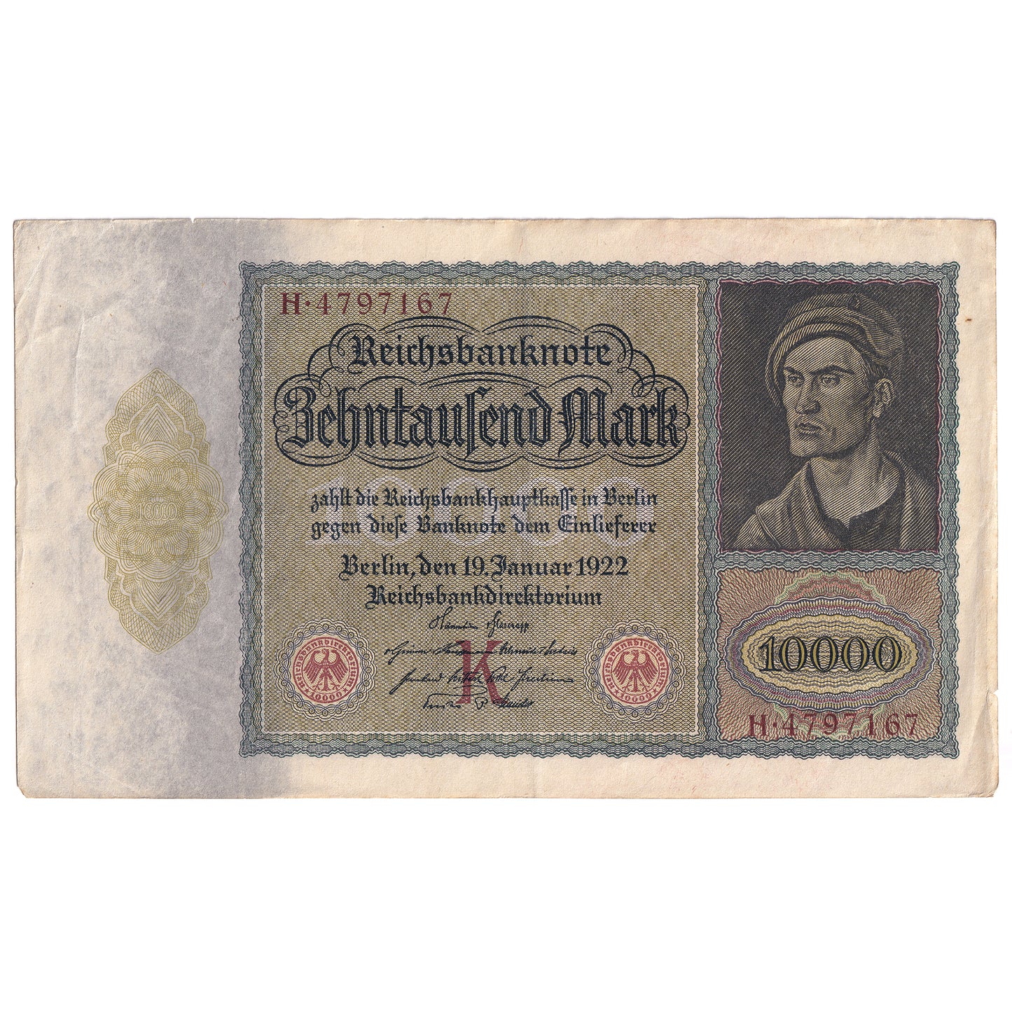Germany 1922 10,000 Mark Note, Pick #70, EF (tear)