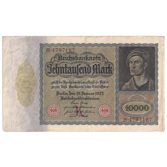 Germany 1922 10,000 Mark Note, Pick #70, EF (tear)