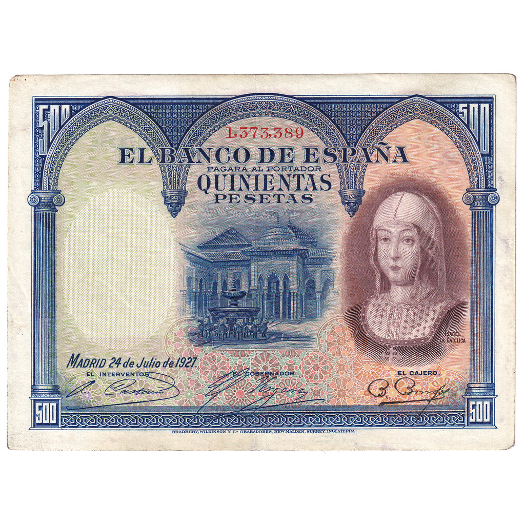 Spain 1927 500 Pesetas Note, Pick #73a, EF