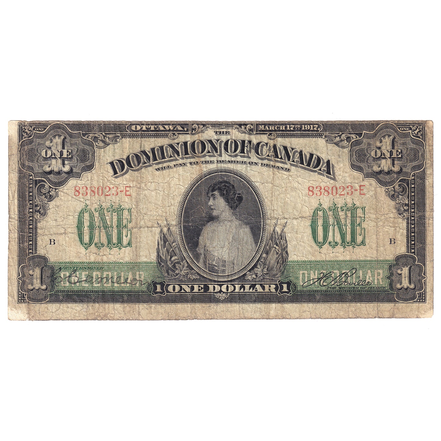 DC-23a 1917 Dominion $1 Various-Boville, No Seal, Imprint, Series E, VG (tear)