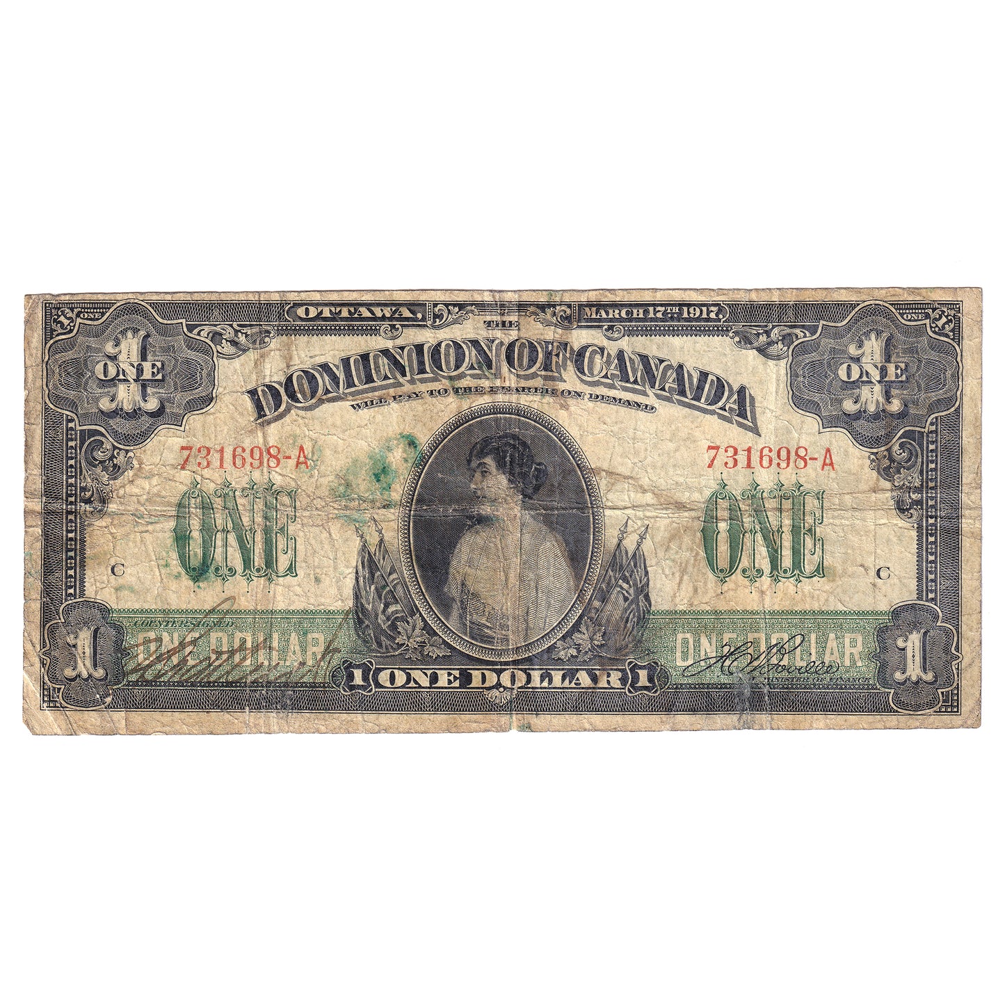 DC-23a 1917 Dominion $1 Various-Boville, No Seal, Imprint, Series A, VG (dam'g)