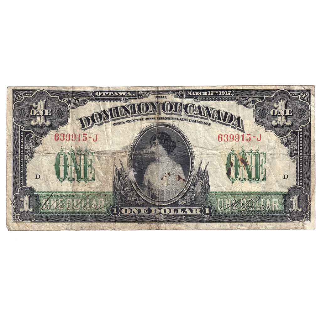 DC-23a-i 1917 Dominion $1 Various-Boville, No Seal, Imprint, Series J, F (dam'g)