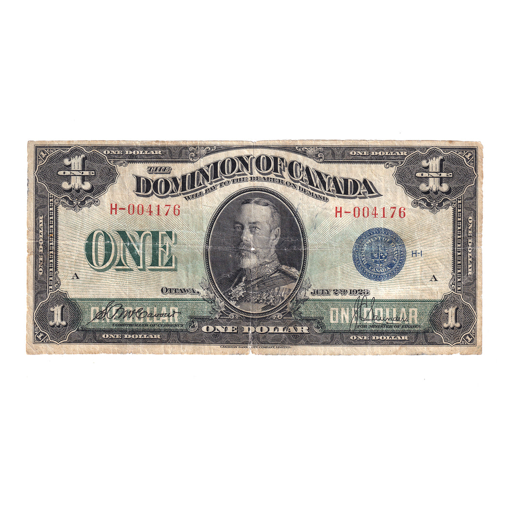 DC-25c 1923 Dominion $1 McCavour-Saunders, Blue Seal, Group 1, F (dam'g)