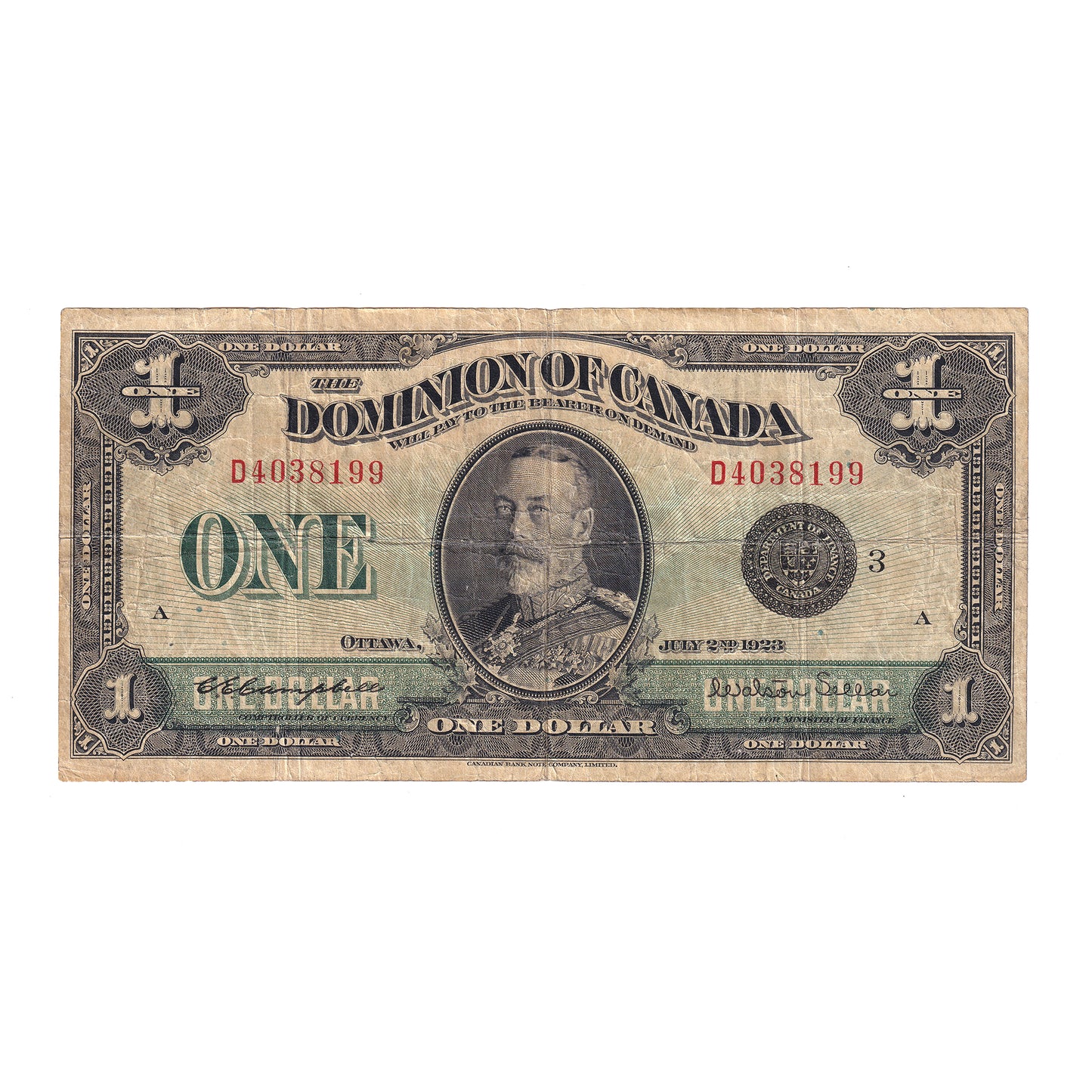 DC-25n 1923 Dominion $1 Campbell-Sellar, Black Seal, Group 3, F-VF (dam'g)