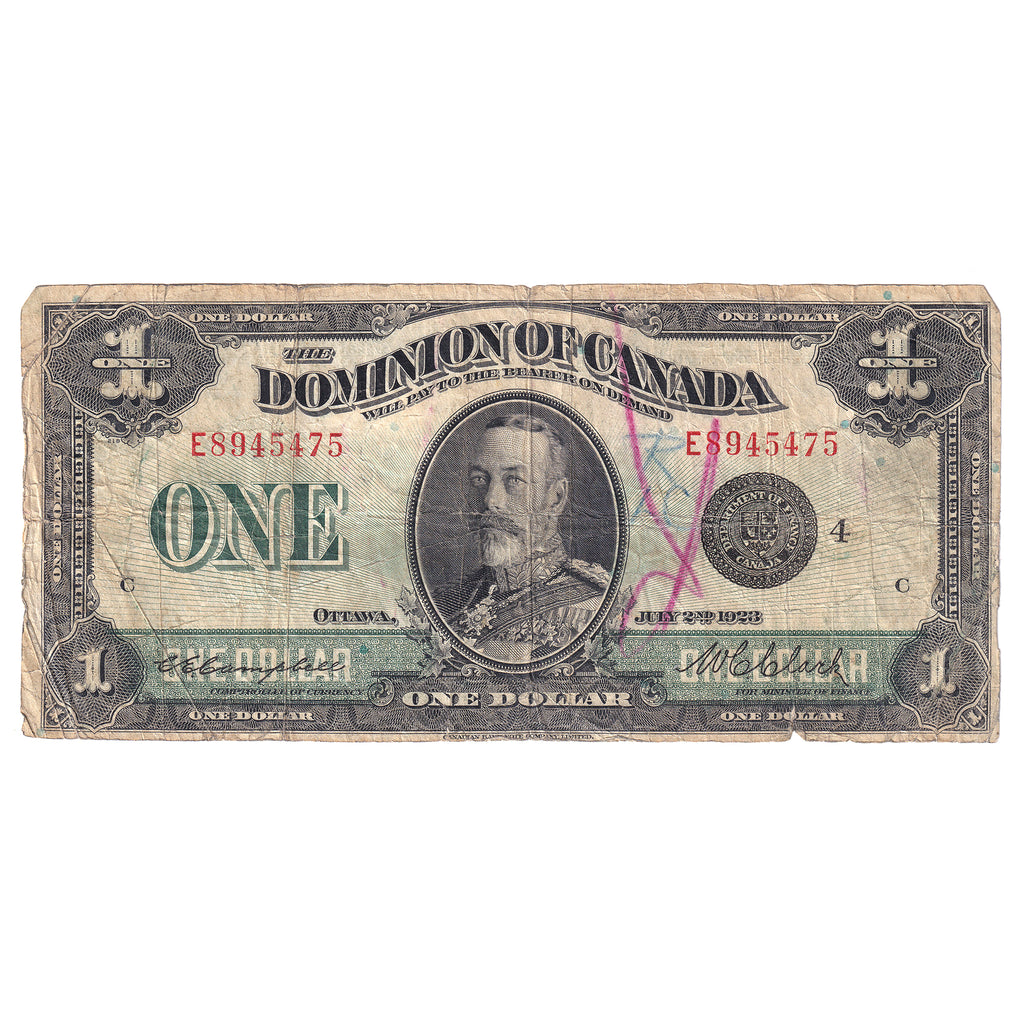 DC-25o 1923 Dominion $1 Campbell-Clark, Black Seal, Group 4, F (dam'g)