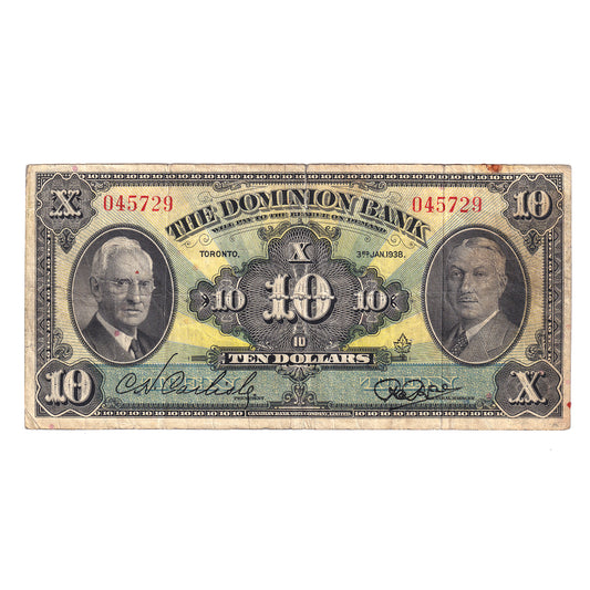 220-28-04 1938 Dominion Bank $10 Carlisle-Rae, F-VF (dam'g)