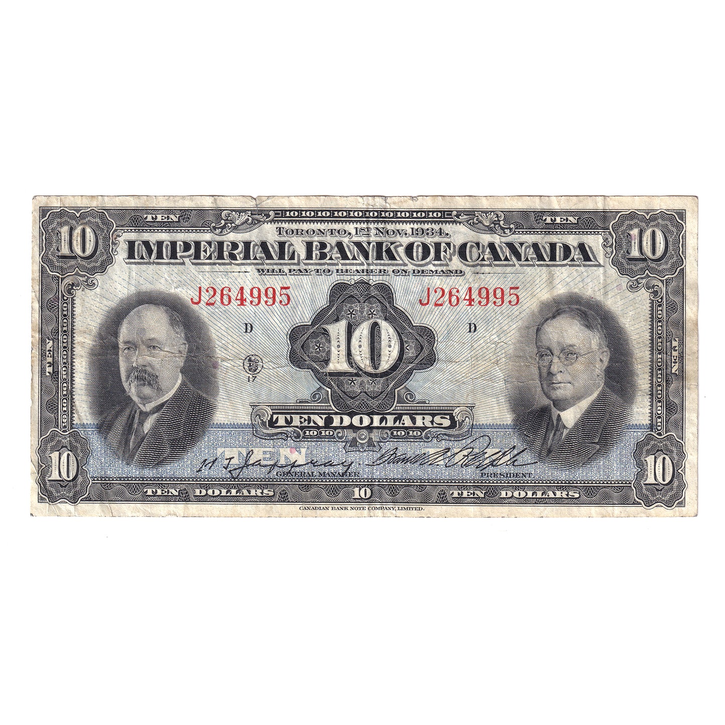 375-22-08 1934 Imperial Bank of Canada $10 Jaffray-Rolph, VF (tear)
