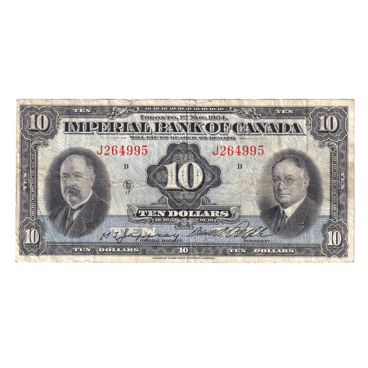 375-22-08 1934 Imperial Bank of Canada $10 Jaffray-Rolph, VF (tear)