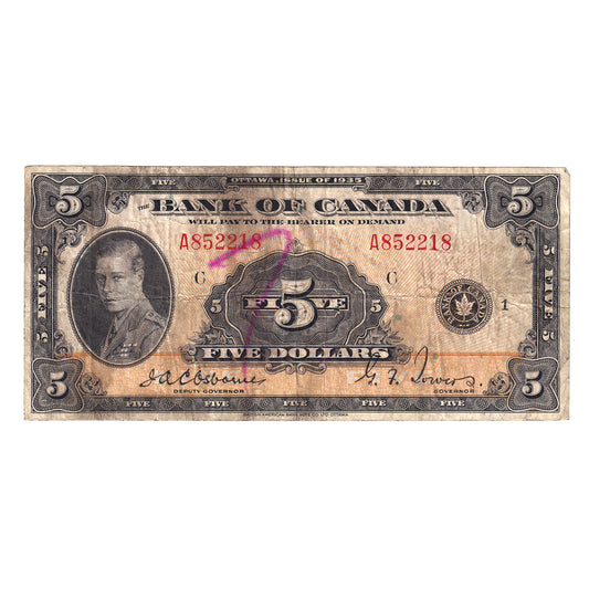 BC-5 1935 Canada $5 Osborne-Towers, English, Series A, VF (writing)