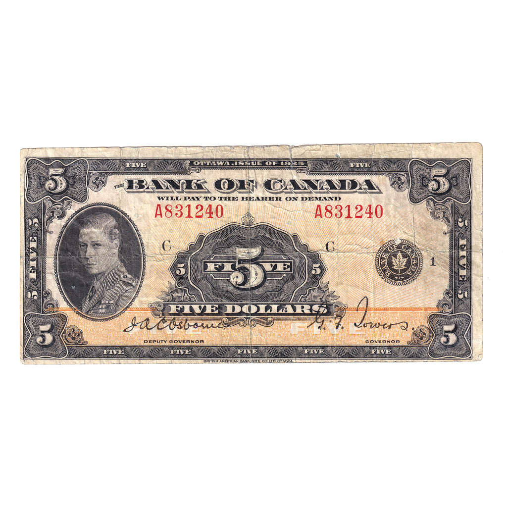 BC-5 1935 Canada $5 Osborne-Towers, English, Series A, F (tear)