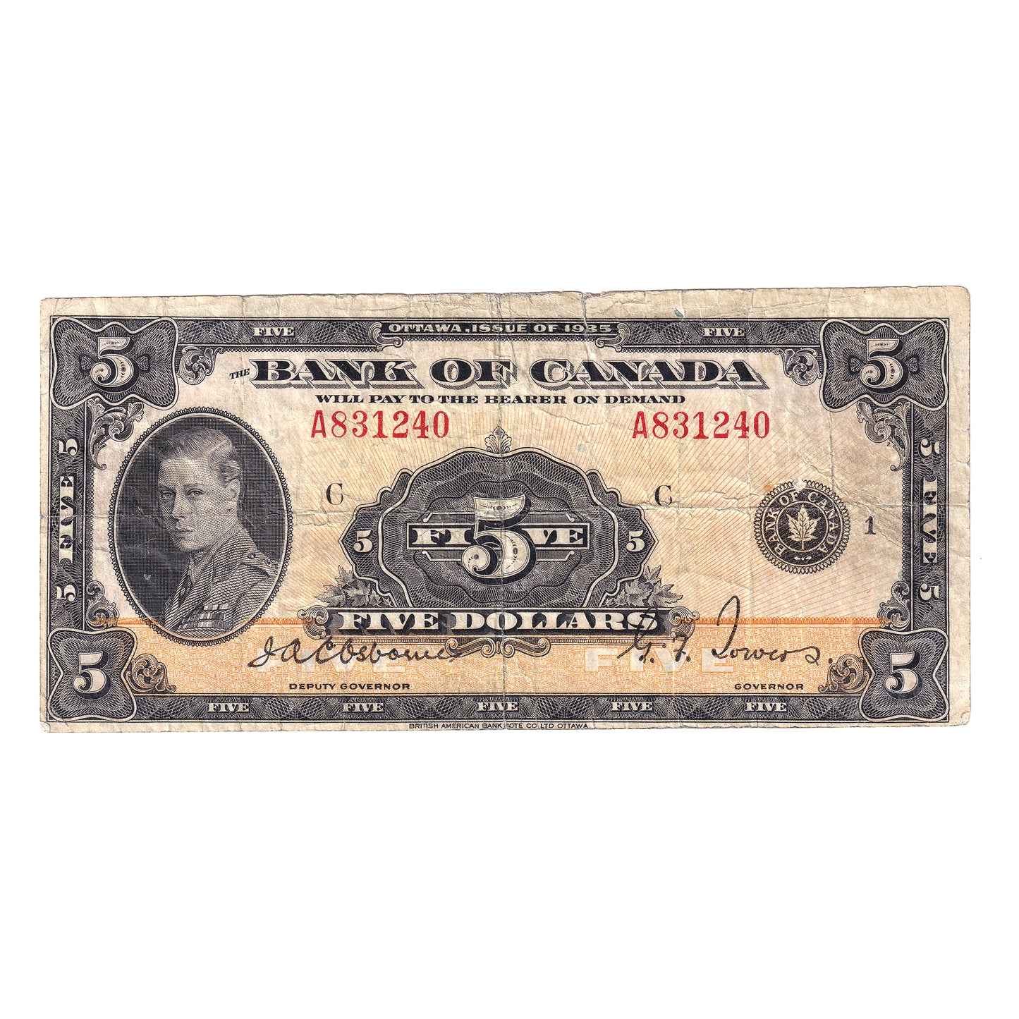 BC-5 1935 Canada $5 Osborne-Towers, English, Series A, F (tear)
