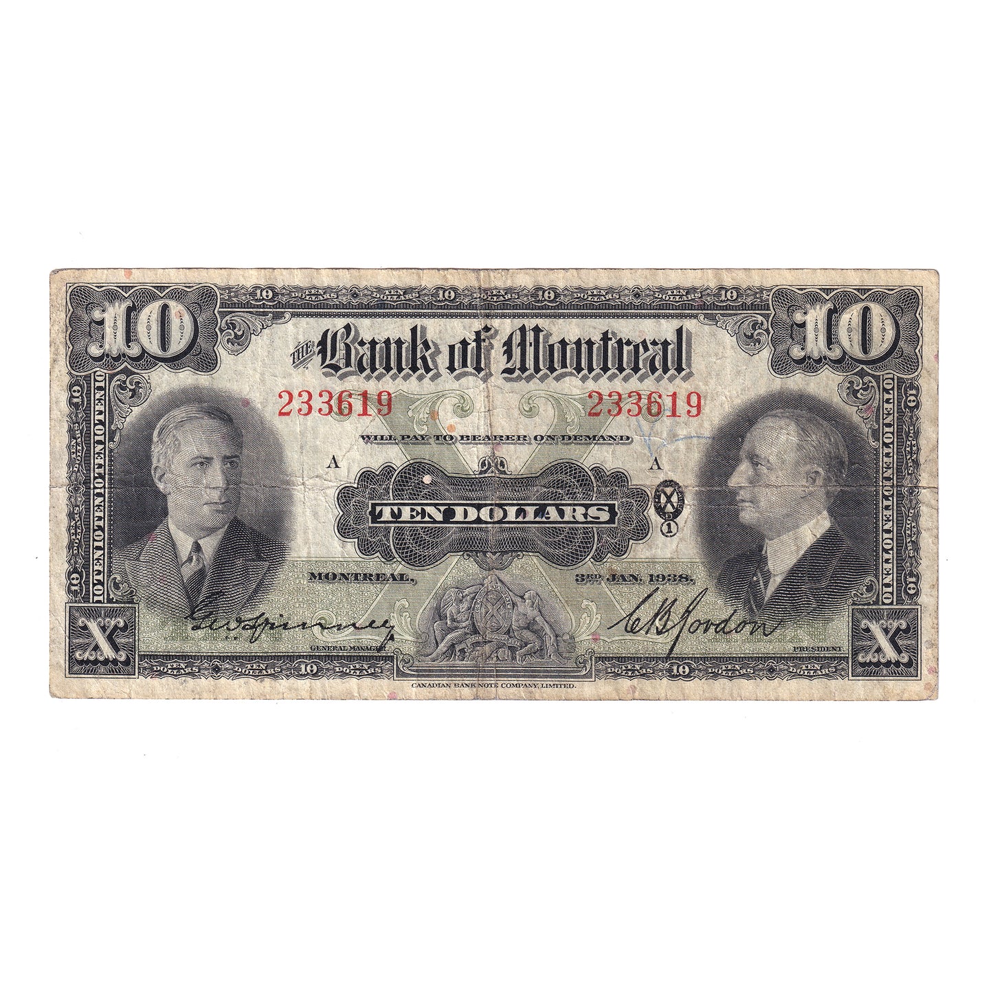 505-62-04 1938 Bank of Montreal $10 Spinney-Gordon, F-VF (writing)