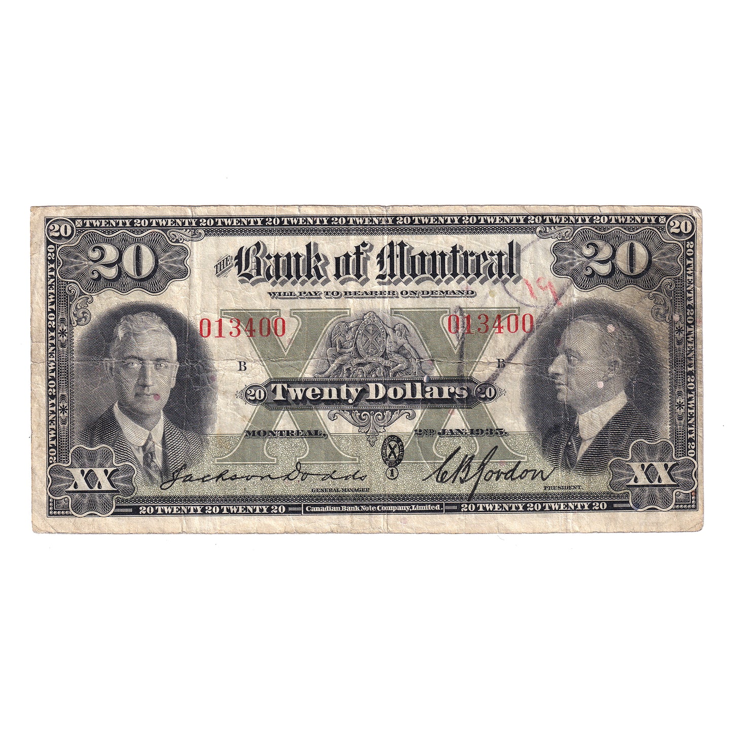 505-60-06 1935 Bank of Montreal $20 Dodds-Gordon, F-VF (writing)