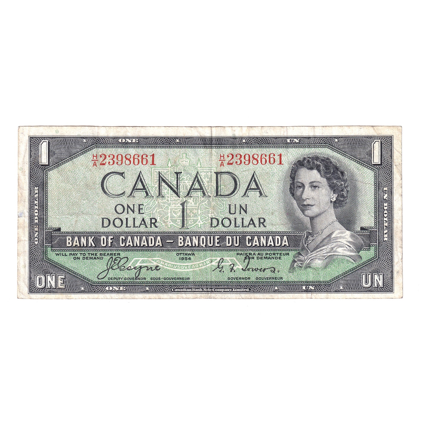 BC-29a 1954 Canada $1 Coyne-Towers, Devil's Face, H/A, VF (stain)