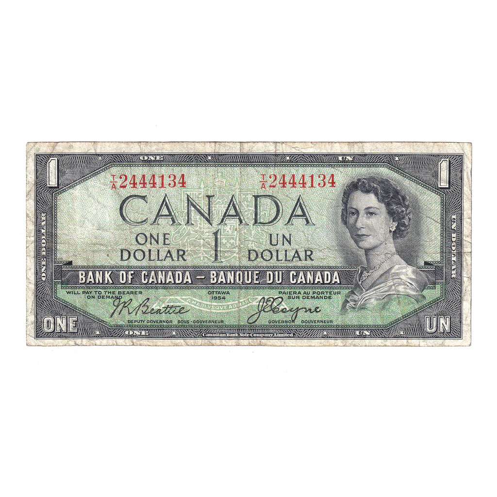 BC-29b 1954 Canada $1 Beattie-Coyne, Devil's Face, T/A, F (erasure)