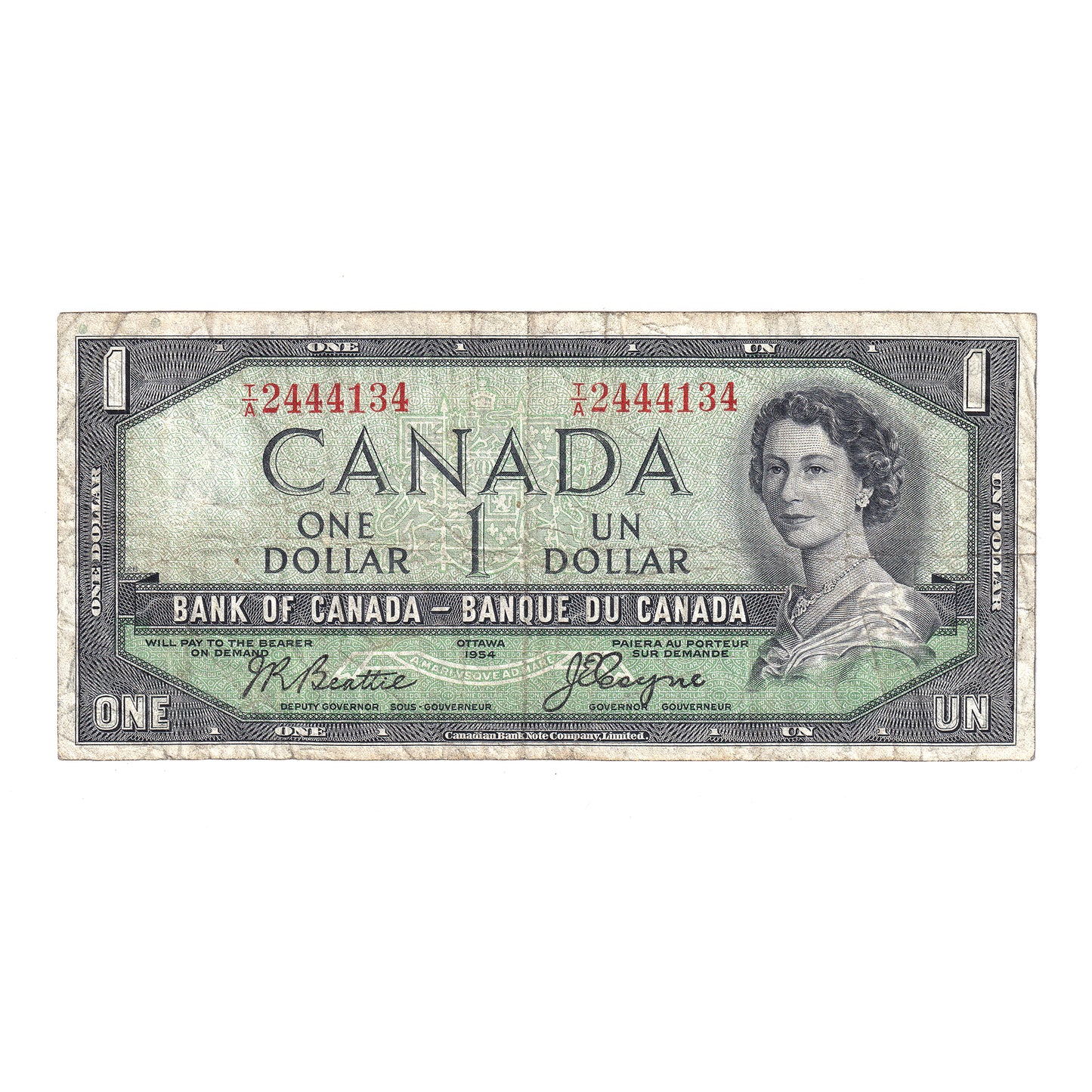 BC-29b 1954 Canada $1 Beattie-Coyne, Devil's Face, T/A, F (erasure)