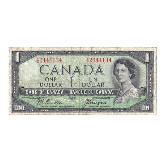 BC-29b 1954 Canada $1 Beattie-Coyne, Devil's Face, T/A, F (erasure)