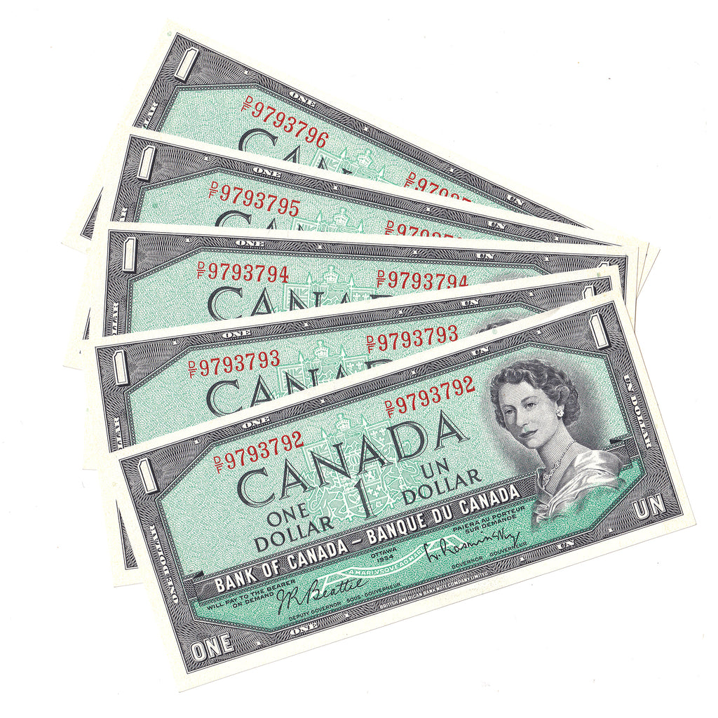 Lot of 5x Consecutive 1954 Canada $1 Notes, Beattie-Rasminsky, D/F, 5Pcs.