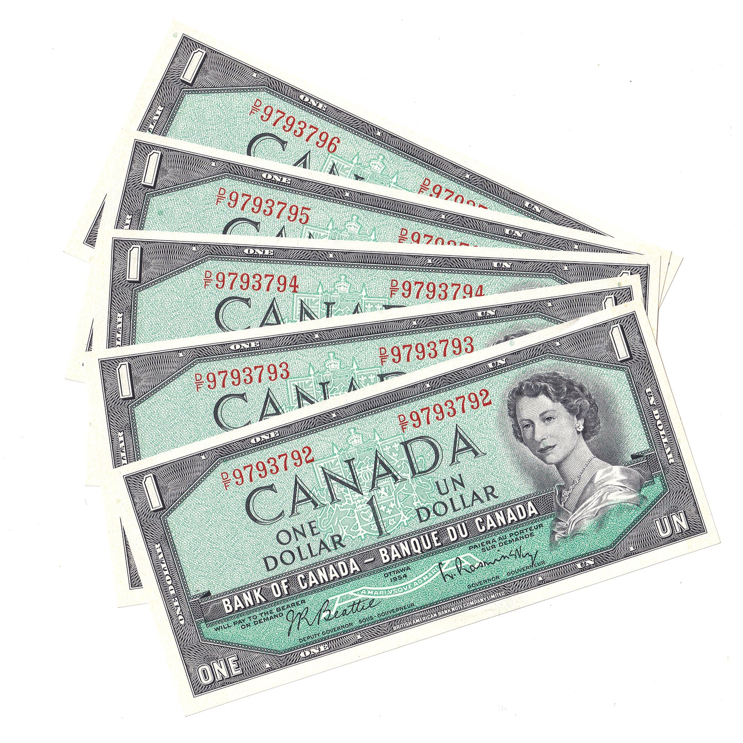 Lot of 5x Consecutive 1954 Canada $1 Notes, Beattie-Rasminsky, D/F, 5Pcs.