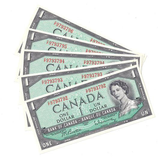 Lot of 5x Consecutive 1954 Canada $1 Notes, Beattie-Rasminsky, D/F, 5Pcs.