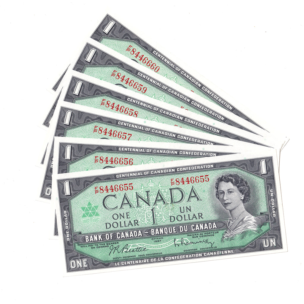 Lot of 6x Consecutive 1967 Canada $1 Notes, Beattie-Rasminsky, F/P, 6Pcs.