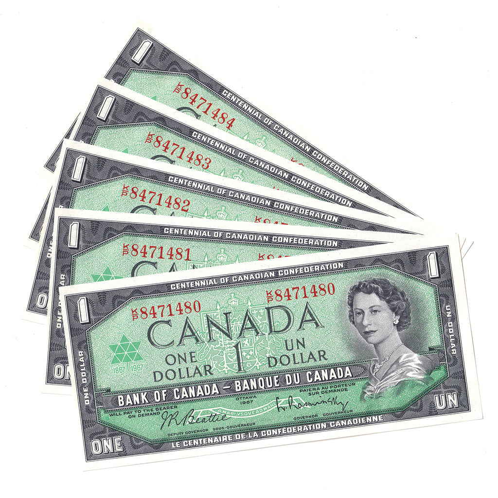 Lot of 5x Consecutive 1967 Canada $1 Notes, Beattie-Rasminsky, K/P, 5Pcs.