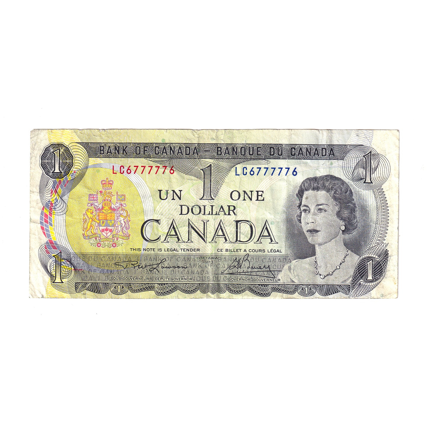 1973 Canada $1 Note, Lawson-Bouey, 2 Digit RADAR, LC6777776