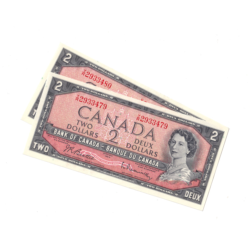 Lot of 2x Consecutive 1954 Canada $2 Notes, Beattie-Rasminsky, Y/R, 2Pcs.