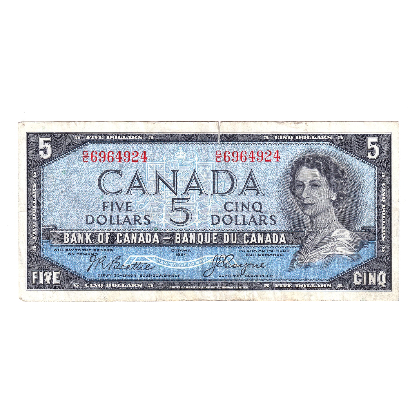 BC-31b 1954 Canada $5 Beattie-Coyne, Devil's Face, G/C, VF (tear in margin)