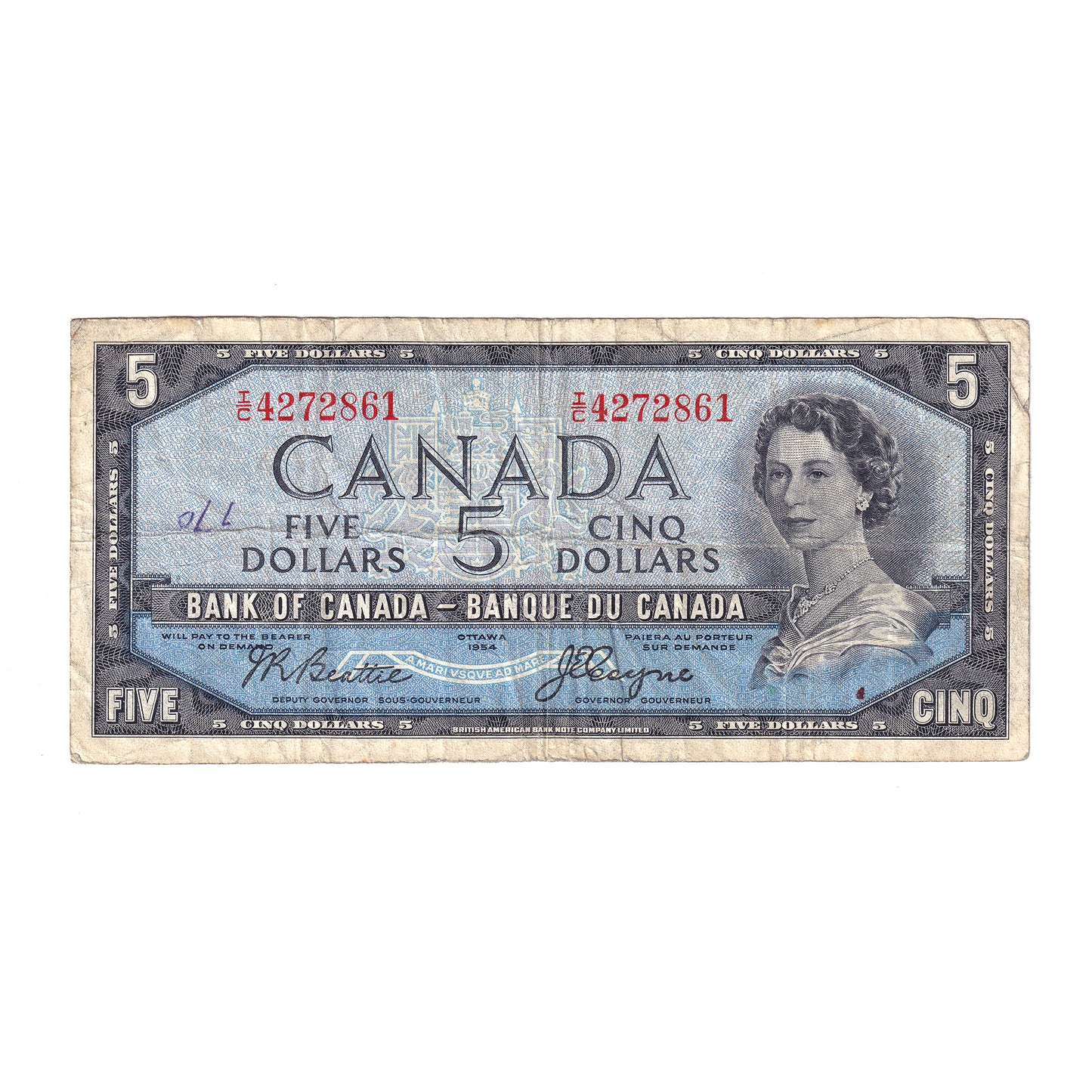 BC-31b 1954 Canada $5 Beattie-Coyne, Devil's Face, I/C, F (writing)